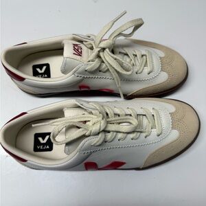 Veja Women's White and Beige Sneakers with Red Details